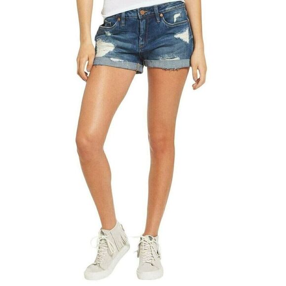 BlankNYC Fulton Jean Shorts Womens Size 26 Blue Distressed Denim 2" Rolled Hem‎ - Picture 1 of 11